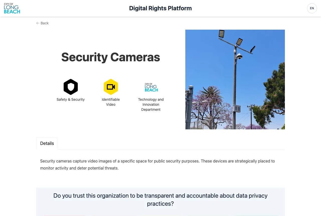 A page on Long Beach's Digital Rights Platform describing the city's security cameras, with three DTPR icons and a survey question