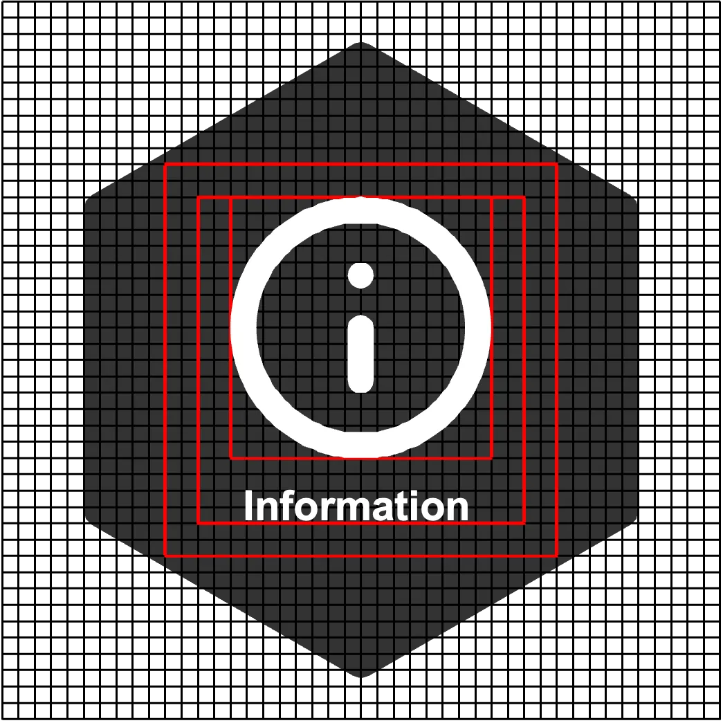 A dark hexagon on a grid with an information symbol and the word Information inside, with red guide boxes showing the margins the symbol and label keep from the edge.