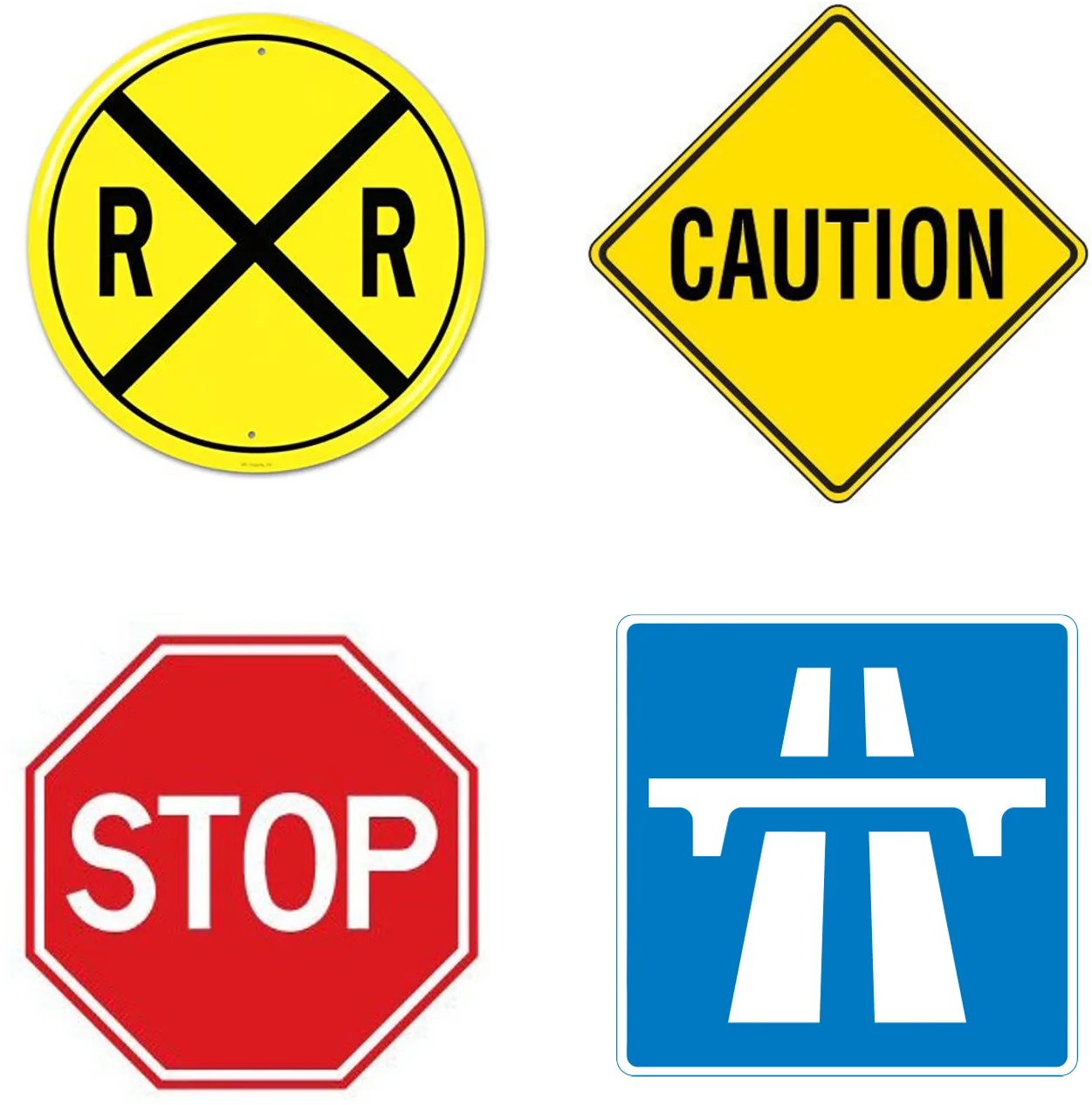 Four road signs: a yellow circular railroad crossing sign, a yellow diamond caution sign, a red octagonal stop sign and a blue square motorway sign.