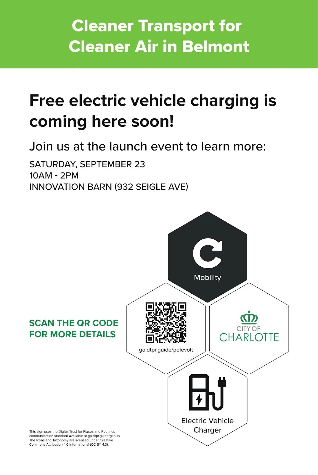 White sign headed "Cleaner Transport for Cleaner Air in Belmont" with four hexagons: a black Mobility hexagon, a QR code with a short URL, the City of Charlotte logo, and a white Electric Vehicle Charger hexagon.