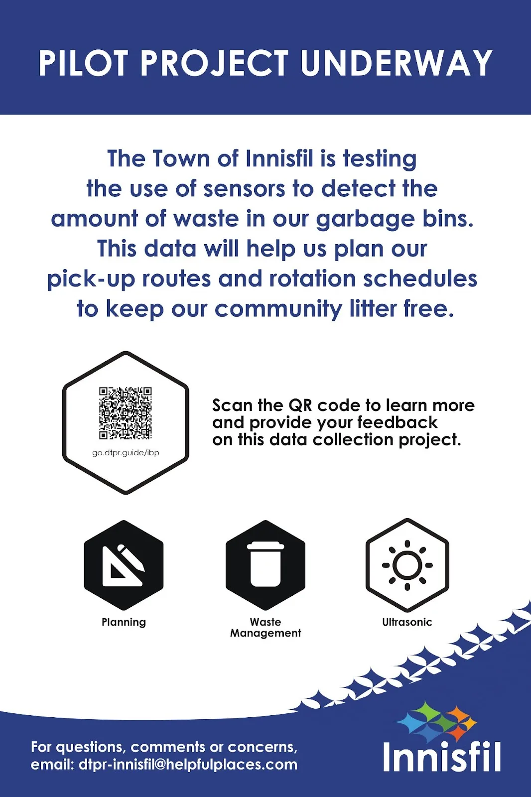 Blue and white sign headed "Pilot project underway" with an enlarged QR code and short URL in an outlined hexagon, a caption inviting feedback, and three smaller hexagons for Planning, Waste Management and Ultrasonic.