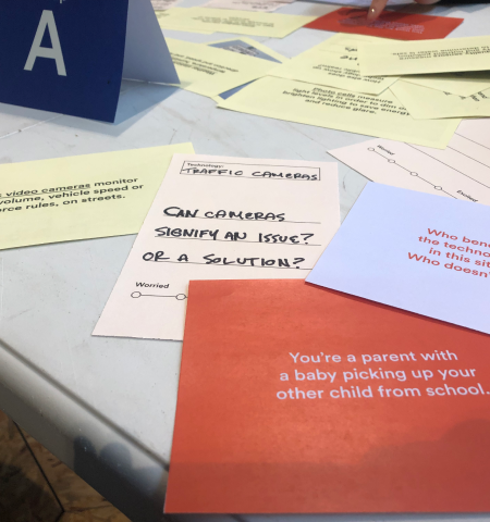 Workshop cards asking whether traffic cameras signify an issue or a solution