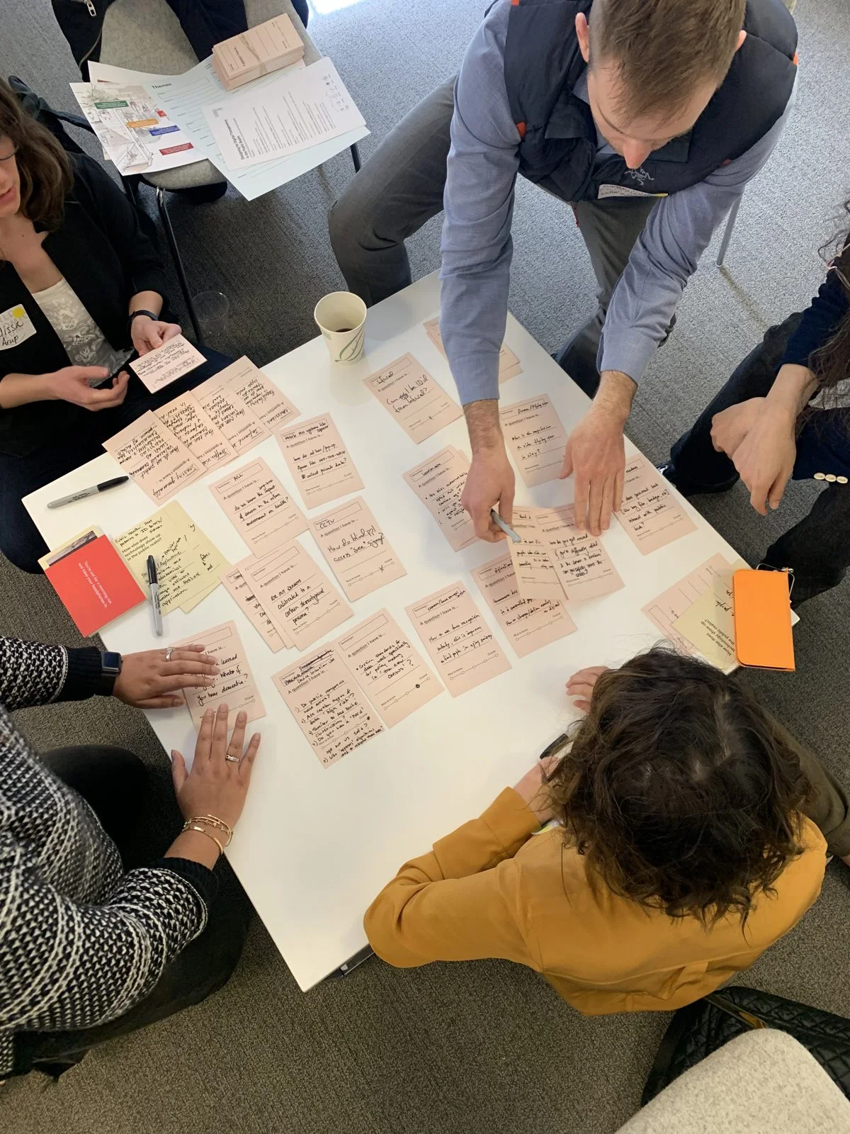 People gathered around a table covered in handwritten question cards during an early DTPR workshop