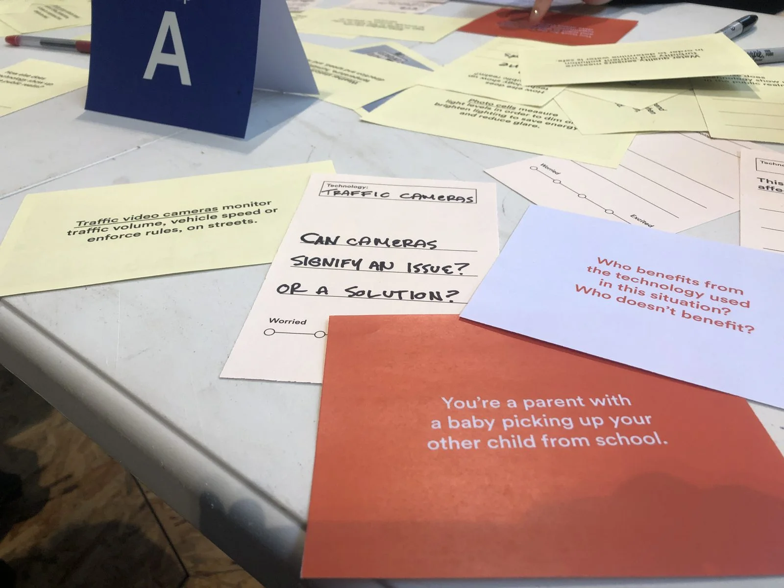 Workshop cards on a table, including one that asks who benefits from the technology used in this situation, and who doesn’t