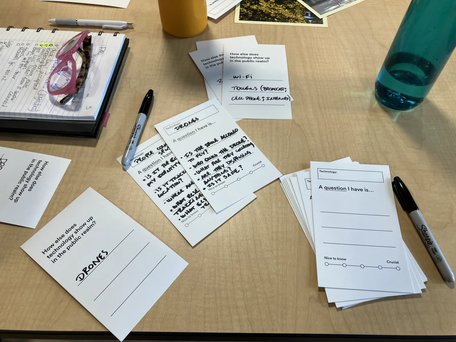 Handwritten cards from a DTPR co-design workshop with questions about drones and wi-fi in public spaces